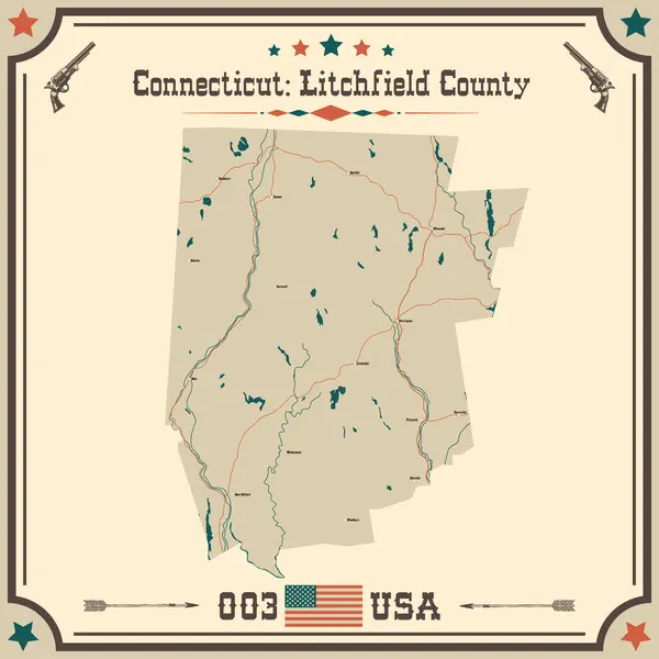 stock vector Large and accurate map of Litchfield County, Connecticut, USA with vintage colors.