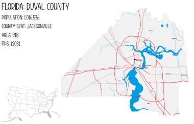 Florida, ABD 'deki Duval ilçesinin geniş ve ayrıntılı haritası..