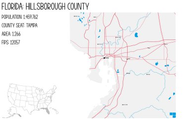 Florida, ABD 'deki Hillsborough ilçesinin geniş ve ayrıntılı haritası..