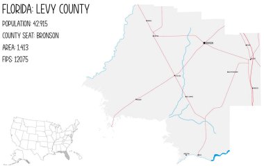 Florida, ABD 'deki Levy ilçesinin geniş ve ayrıntılı haritası..