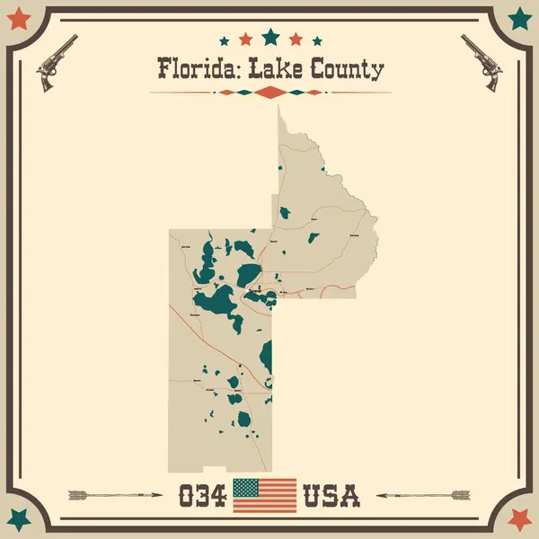 stock vector Large and accurate map of Lake County, Florida, USA with vintage colors.