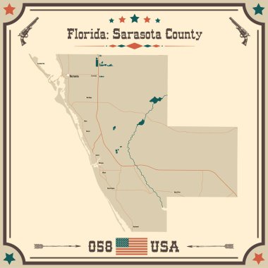 Sarasota County 'nin geniş ve doğru haritası, Florida, ABD.