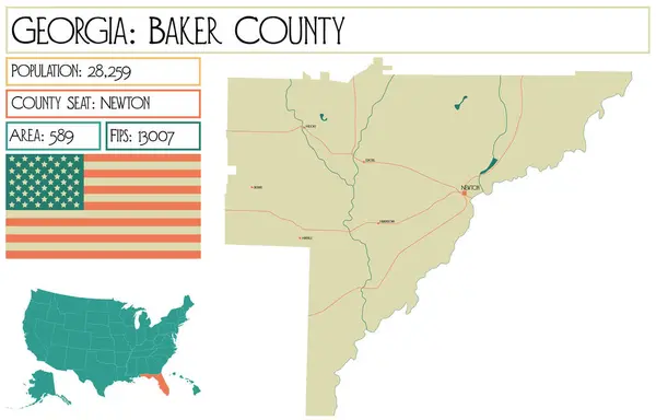 stock vector Large and detailed map of Baker County in Georgia USA.