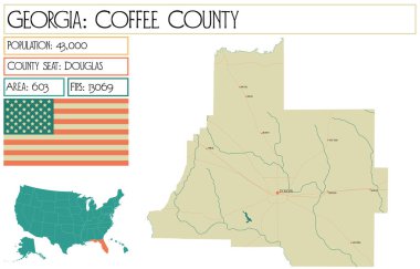 Georgia 'daki Coffee County' nin geniş ve detaylı haritası..