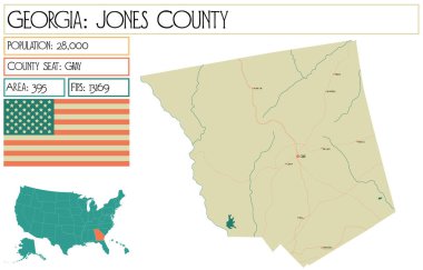 Georgia 'daki Jones County' nin geniş ve detaylı haritası..
