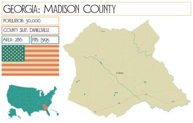 Georgia 'daki Madison County' nin geniş ve detaylı haritası..