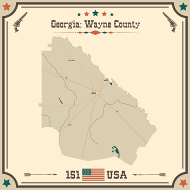 Wayne County, Georgia 'nın geniş ve doğru bir haritası..