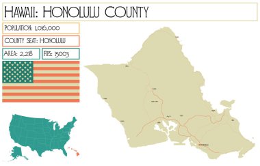 Hawaii 'deki Honolulu County' nin geniş ve detaylı haritası..