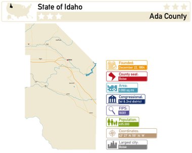 Idaho ABD 'deki Ada County' nin ayrıntılı bilgi ve haritası.