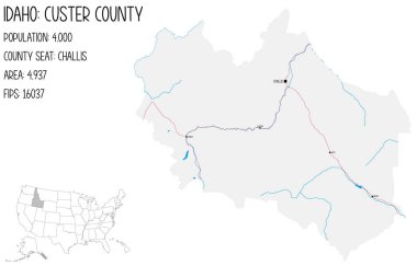 Idaho, ABD 'deki Custer ilçesinin geniş ve ayrıntılı haritası..
