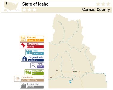 Idaho ABD 'deki Camas County' nin ayrıntılı bilgi ve haritası.