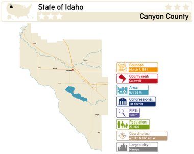 Idaho ABD 'deki Canyon County' nin ayrıntılı bilgi ve haritası.