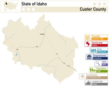 Idaho ABD 'deki Custer County' nin ayrıntılı bilgi ve haritası.