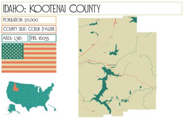 Idaho ABD 'deki Kootenai ilçesinin geniş ve ayrıntılı haritası..