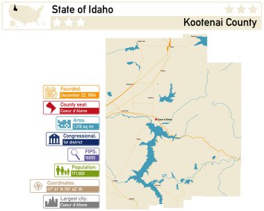 Idaho ABD 'deki Kootenai ilçesinin ayrıntılı bilgi ve haritası.