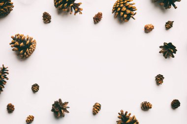 Renkli arka planda minimum yaratıcı koni çerçeve düzenleme şablonu. Düz yatış, üst manzara. Kopya alanı olan noel arkaplanı.