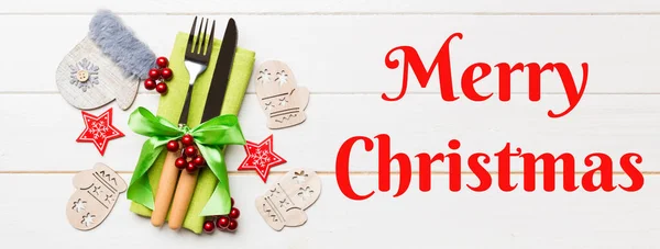 Merry Christmas Text Banner Top View Fork Knife Napkin Wooden — Stock Photo, Image
