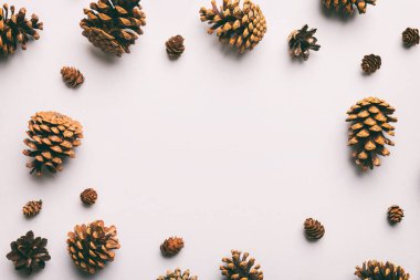 Renkli arka planda minimum yaratıcı koni çerçeve düzenleme şablonu. Düz yatış, üst manzara. Kopya alanı olan noel arkaplanı.