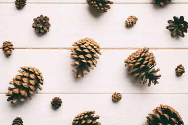 Çam kozalakları renkli masada. Çam kozalakları bir araya toplanmış doğal tatil geçmişi. Düz yatıyordu. Kış konsepti.