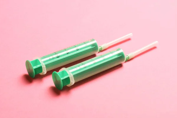 stock image Top view of medical syringes on colorful background. Health care concept with copy space.