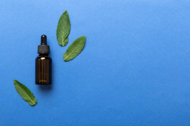 Cam Şişedeki Doğal Nane Özeli Yağı. Renkli arka planda nane özlü bitkisel kozmetik ürünleri.