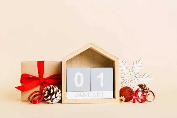January Christmas Composition Colored Background Wooden Calendar Gift Box Toys — Foto de Stock