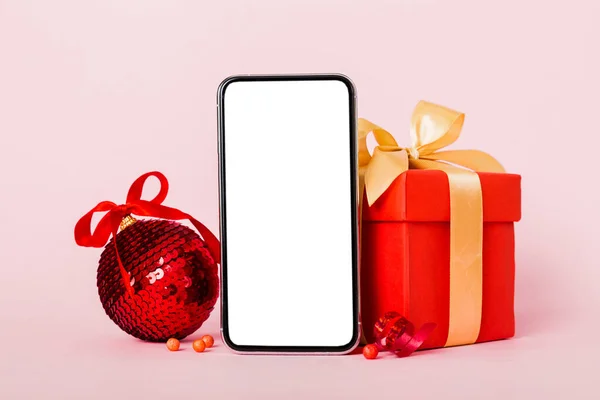 Digital Phone Mock Rustic Christmas Decorations App Presentation Empty Space — Fotografia de Stock