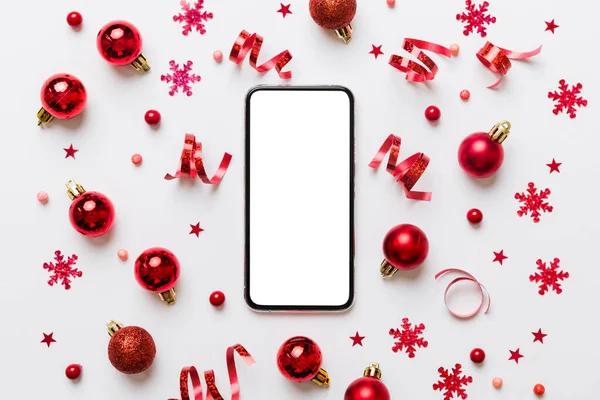 Karácsonyi Online Vásárlás Otthonról Telefon Üres Fehér Kijelző Felső Nézet — Stock Fotó