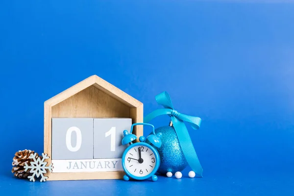 December Christmas Composition Colored Background Wooden Calendar Gift Box Toys — Stok fotoğraf