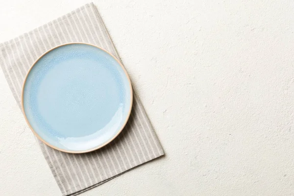Top View Colored Background Empty Blue Plate Tablecloth Food Empty — Stock Photo, Image