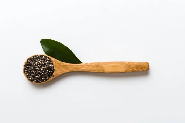 Wooden Spoon Chia Seeds Colored Background Top View Healthy Salvia — Stock Photo, Image