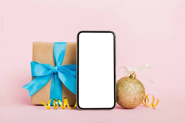 Digital Phone Mock Rustic Christmas Decorations App Presentation Empty Space — Fotografia de Stock