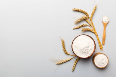 Tahta kasede buğday unu ve renkli arka planda buğday dikenleri. dünya buğday krizi.