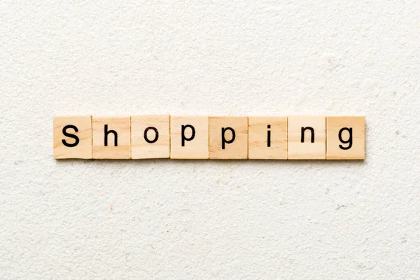 Shoppingwoord Geschreven Houtblok Winkeltekst Cementtafel Voor Desing Concept — Stockfoto
