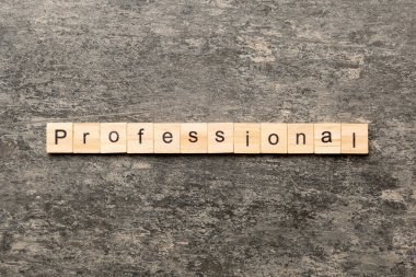 Ahşap bloğa yazılmış profesyonel bir kelime. Desing, konsept için çimento masadaki profesyonel metin.
