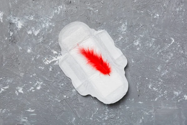 Women hygiene products or Sanitary pad with red feather on colored background. Pastel color. Closeup. Empty place for text. Female daily hygiene.