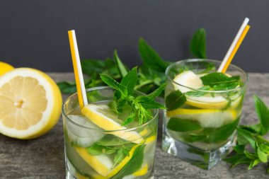 Mojito yaz serinletici buzlu ve naneli kokteyl. Limonlu, limonlu ve naneli mojito kokteyli..