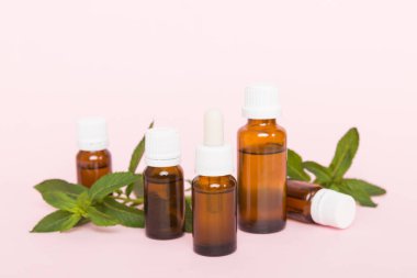 Cam Şişedeki Doğal Nane Özeli Yağı. Renkli arka planda nane özlü bitkisel kozmetik ürünleri.