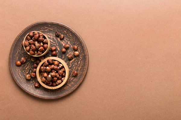 Wooden Bowl Full Hazelnuts Table Background Healthy Eating Concept Super — Stockfoto