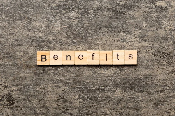Benefits Word Written Wood Block Benefits Text Cement Table Your — Stock Photo, Image