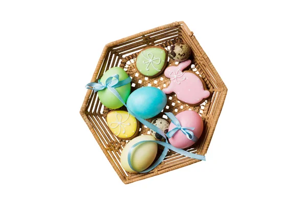 Colorful Easter Cookies Basket Multi Colors Easter Eggs Isolated White — Stock Photo, Image