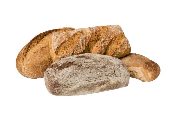 自制的天然面包 在白色背景上分离的不同种类的新鲜面包 带有复制空间的透视 — 图库照片