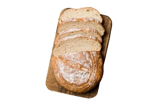Čerstvě Upečené Plátky Chleba Řezací Desce Izolované Bílém Pozadí Pohled — Stock fotografie
