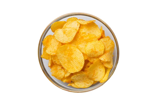 Potato Chips Glazen Kom Geïsoleerd Witte Achtergrond — Stockfoto