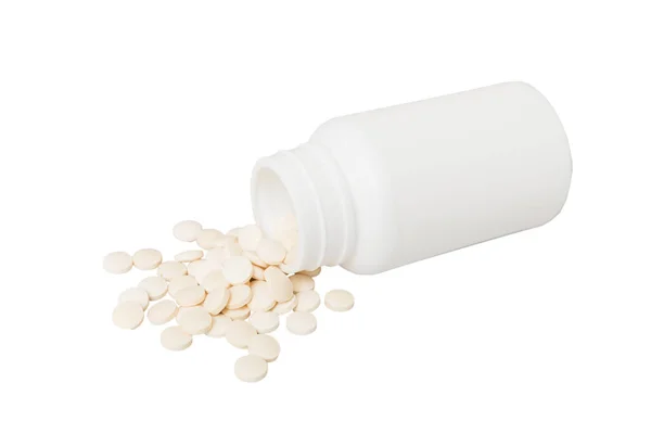 Witte Medicijnen Vloeien Uit Container Medicijn Witte Pil Fles Geïsoleerd — Stockfoto