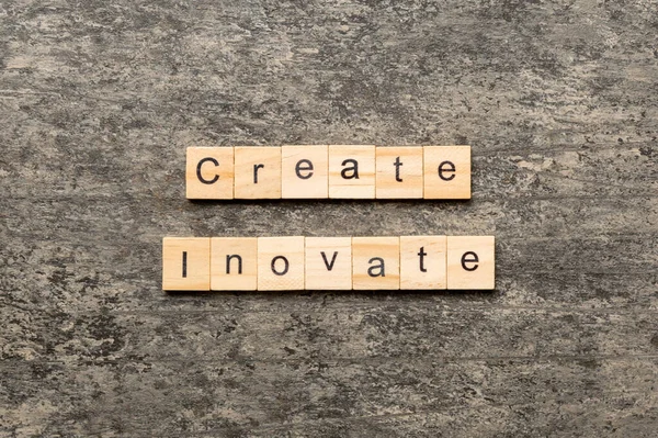 Create Innovate Word Written Wood Block Create Innovate Text Cement — Stock Photo, Image