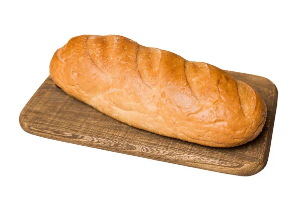 Świeżo Upieczony Chleb Desce Krojenia Odizolowany Białym Tle Widok Perspektywa — Zdjęcie stockowe
