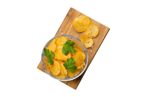 Kartoffelchips Mit Salz Isoliert Auf Weißem Hintergrund Draufsicht Mit Kopierraum — Stockfoto