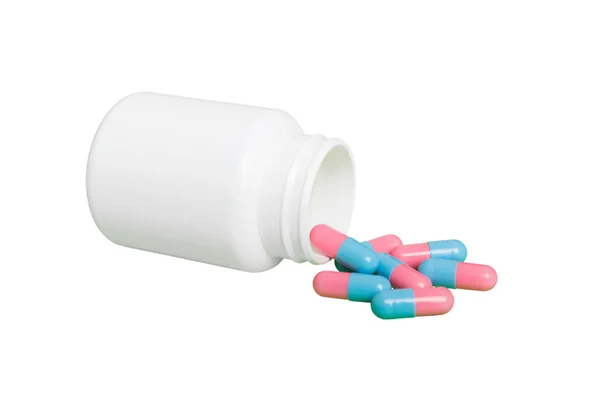Medicamentos Brancos Fluem Recipiente Medicamento Frasco Comprimido Branco Isolado Sobre — Fotografia de Stock