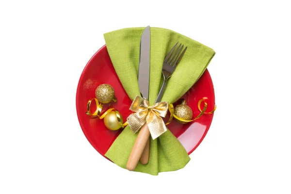 Piatto Natale Isolato Con Arredamento Forchetta Cucchiaio Anno Nuovo Sfondo — Foto Stock